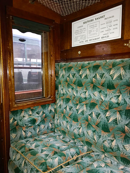 Green Jazz moquette on the seats of SR Maunsell Brake Third 3687 - Richard Salmon - 20 July 2024
