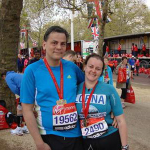Lorna and Adam after completing the London Marathon