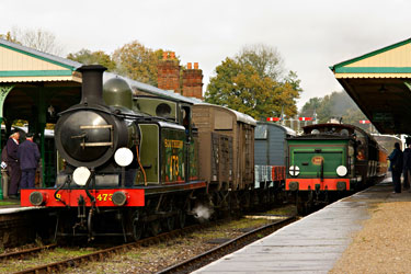 E4 sits patiently at Horsted Keynes as the C arrives from Kingscote with one of the three pre-grouping coach sets - Peter Trimming - 4 Nov 2011
