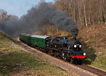 80151 as 80032 in Lindfield Wood with Bulleid coaches on photo-charter - David Haggar - 30 March 2012