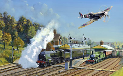 Spitfire over Horsted Keynes Station - painting by Matthew Cousins