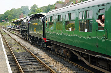 S15 with Bulleid coach in tow enters Platform 3 at Horsted Keynes - Brian Lacey - 27 August 2014