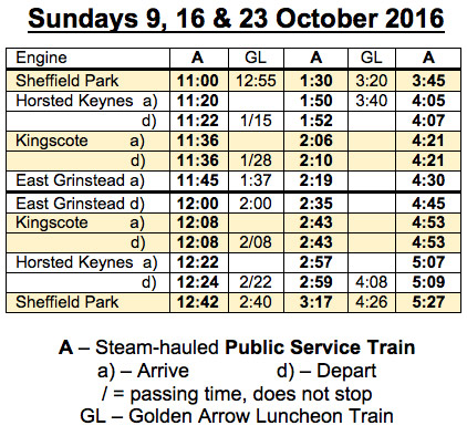 Temporary Timetable - Sundays 9, 16 & 23 October 2016